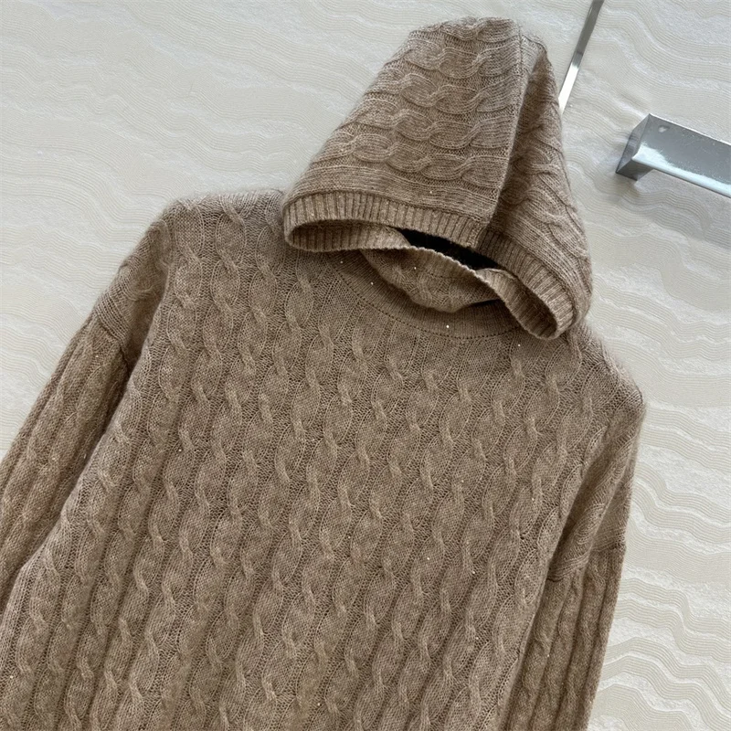2025년 가을 여성용 신상 신축성 니트 슬림핏 후드 풀오버 울 혼방 니트웨어 스팽글 혼방 긴팔 상의