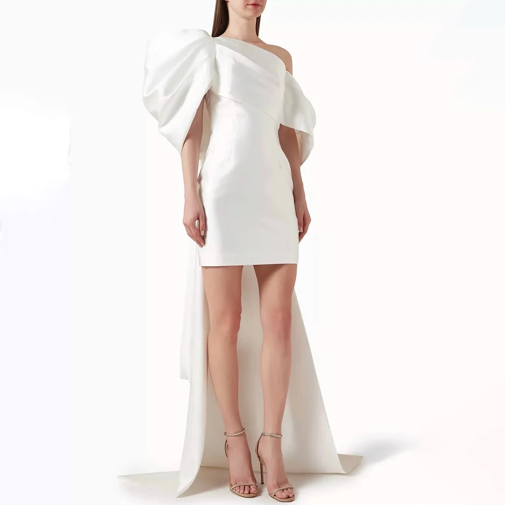 

Custom Made Classic Off Shoulder Pleated Formal Evening Gown Short Mini Sheath Bridal Party Dress with Bow vestidos de novia