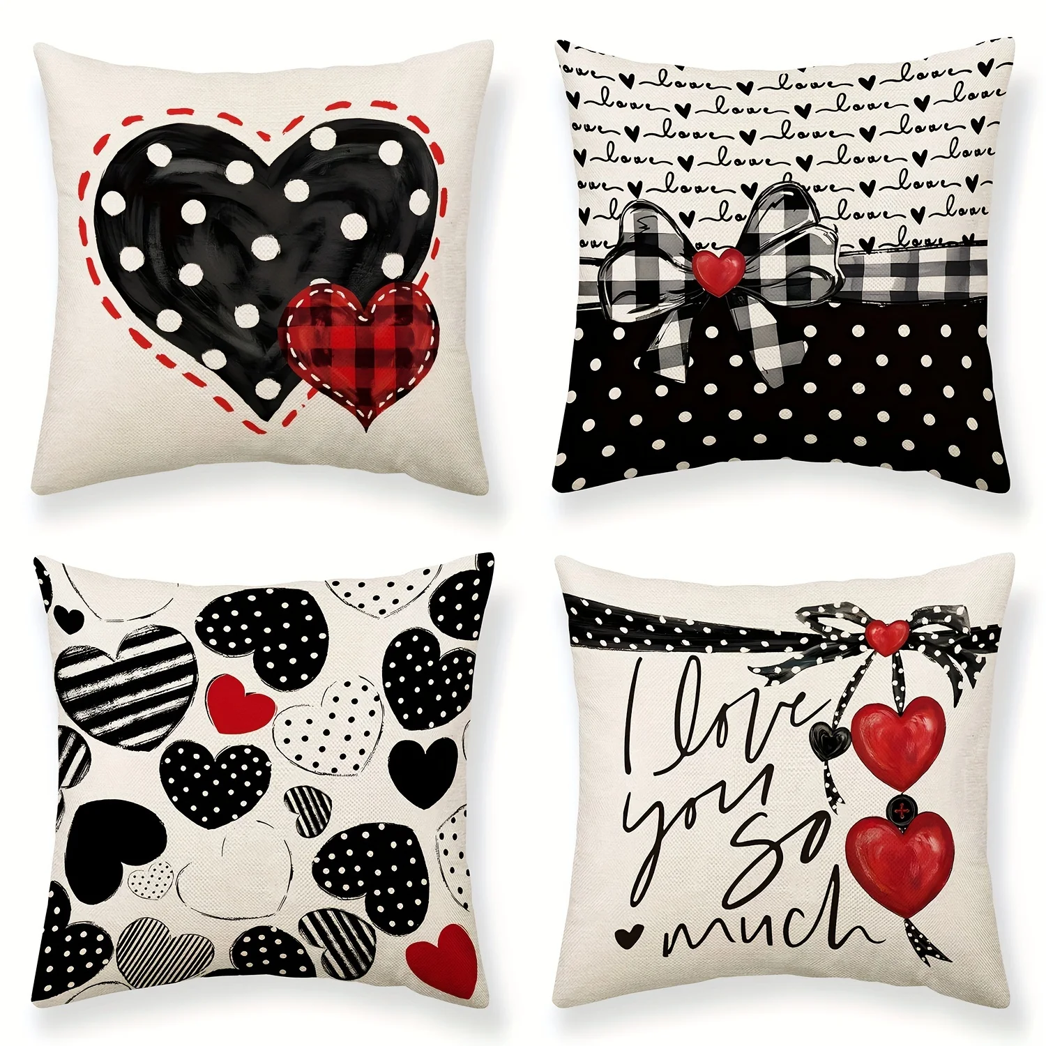 

4 Pcs Valentine's Day Cushion Cover Linen Cotton PillowCase Polka Dots Heart Bow I Love You So Much for Bed Sofa Living Room