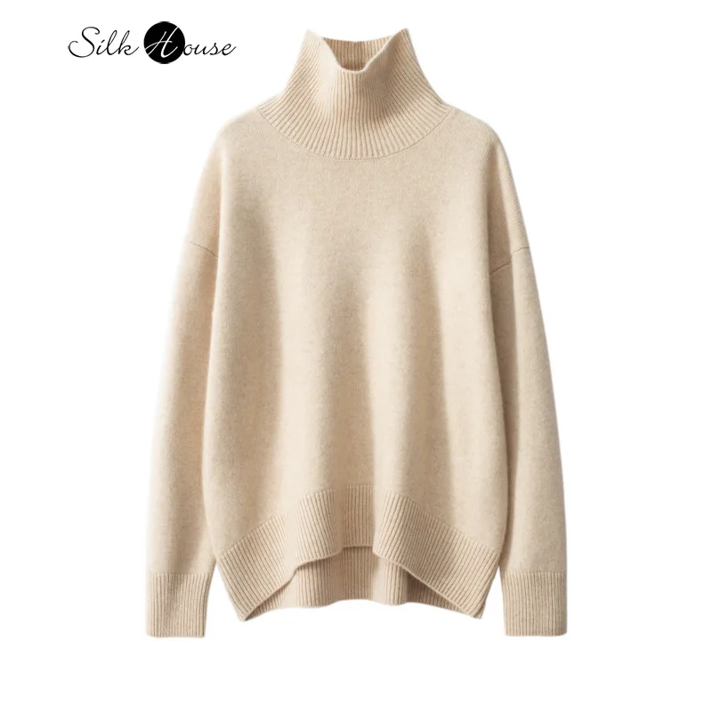 2024 Women's Fashion Autumn/Winter New 100% Pure Cashmere High Neck Lazy Style Loose Long Sleeved Solid Color Sweater