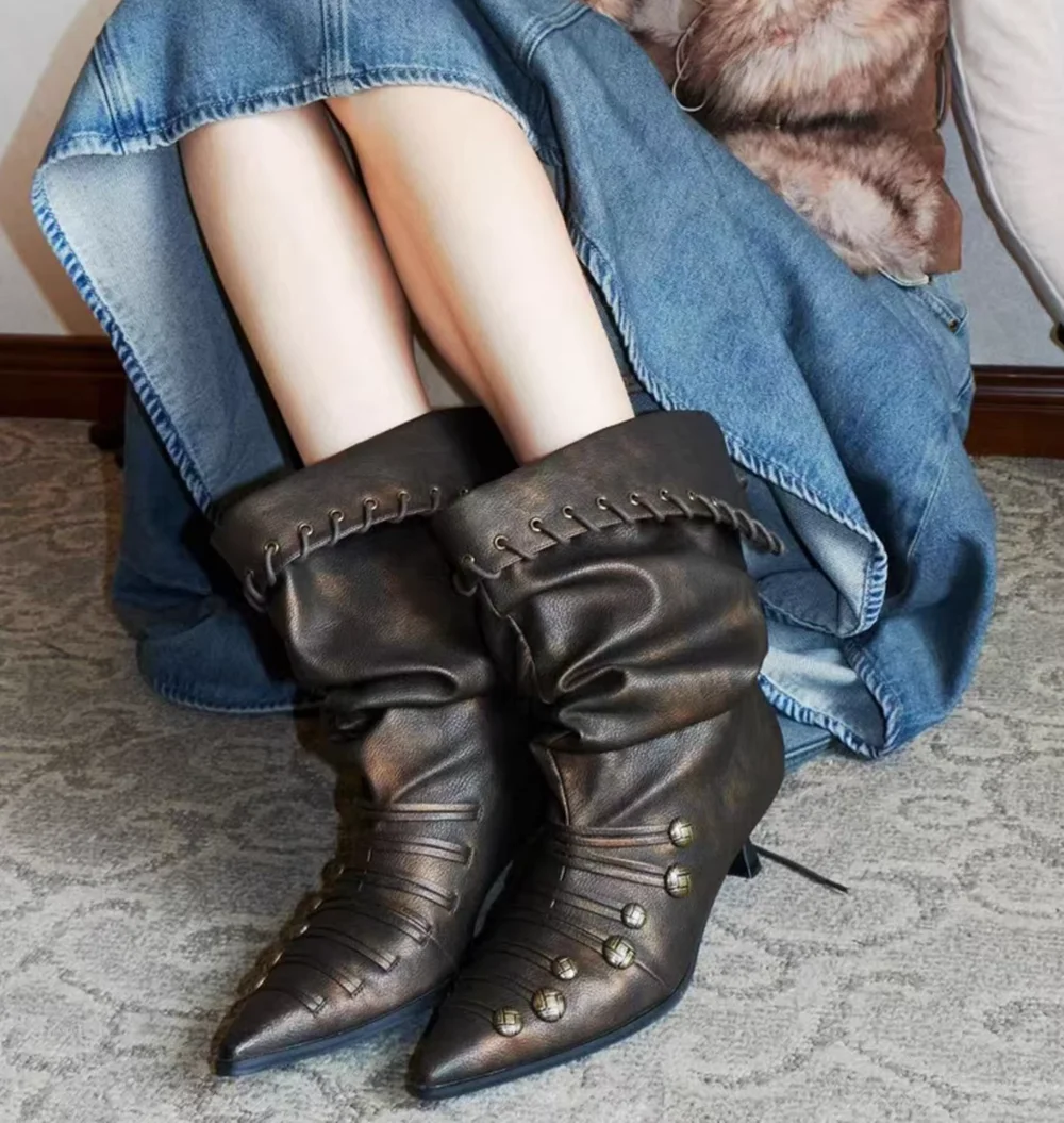 Distressed Slouch Pointed Toe Mid-Calf Boots Retro Button Strap Details Fold-Over Cuff with Lace-Up Trim Western Style