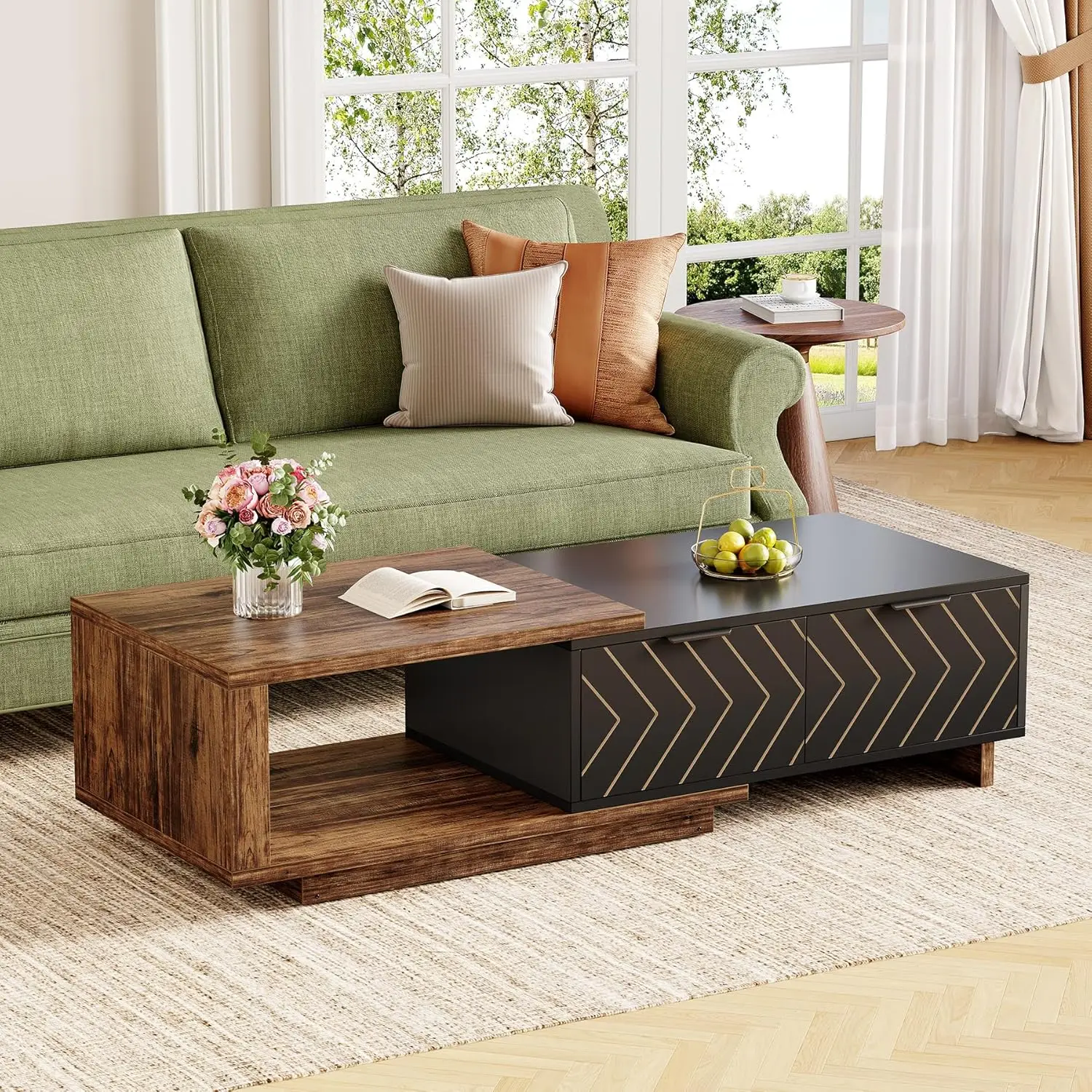 

Wooden Coffee Table with 2 Drawers, Space-Saving Rectangular Farmhouse Center Table, Perfect for Living Room and Office