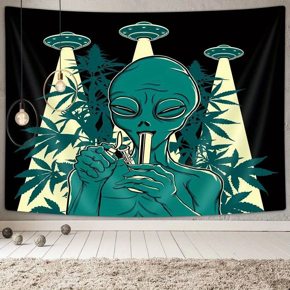 Smoking Alien UFO & Leaf Tapestry | Green Alien Hemp Wall Hanging, Bohemian Linen Decor for Bedroom Dorm, Fun Weed Themed Gift
