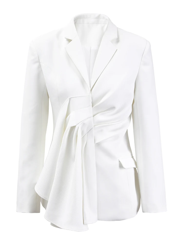 DEAT Fashion Women\'s Waist Folids Ribbon Blazer Notched Collar Covered Button Long Sleeve White Suit Jackets Autumn 2024 New