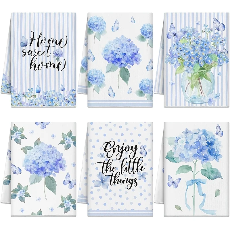 6-Piece Spring Hydrangea Kitchen Towel Set Blue Flower Butterfly Hand Towel, Dish Towel
