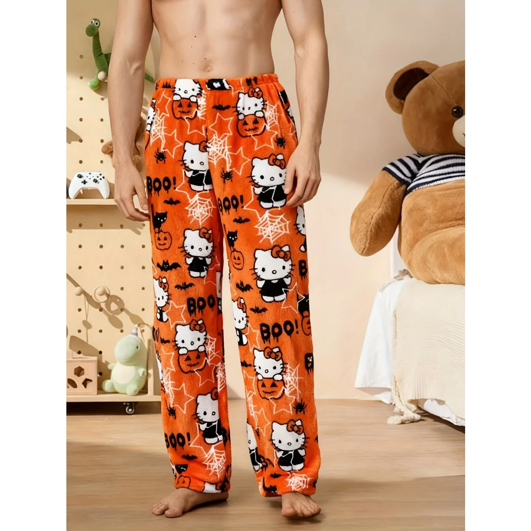 Unisex Lange Flanell-Schlafhose mit Niedlichem Halloween-Druck, Locker Geschnitten, Weich, Lässige Loungewear-Pyjamahose für Männer und Frauen, Alltagskleidung
