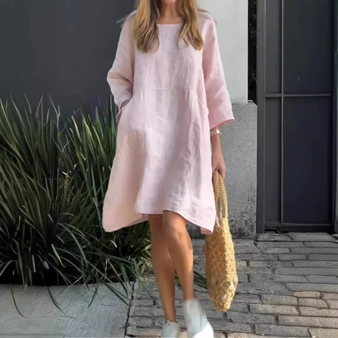 

2026 New European And American Cross-Border Summer Women's Cute Solid Color Loose Casual Pocket Cotton-Linen Dress