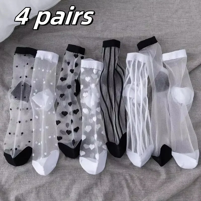 

4 Pairs New WOMEN'S Socks Fashion Tulle Mesh Glass Stockings Ultra-thin Transparent Crystal Lace Elastic Summer Ankle Socks