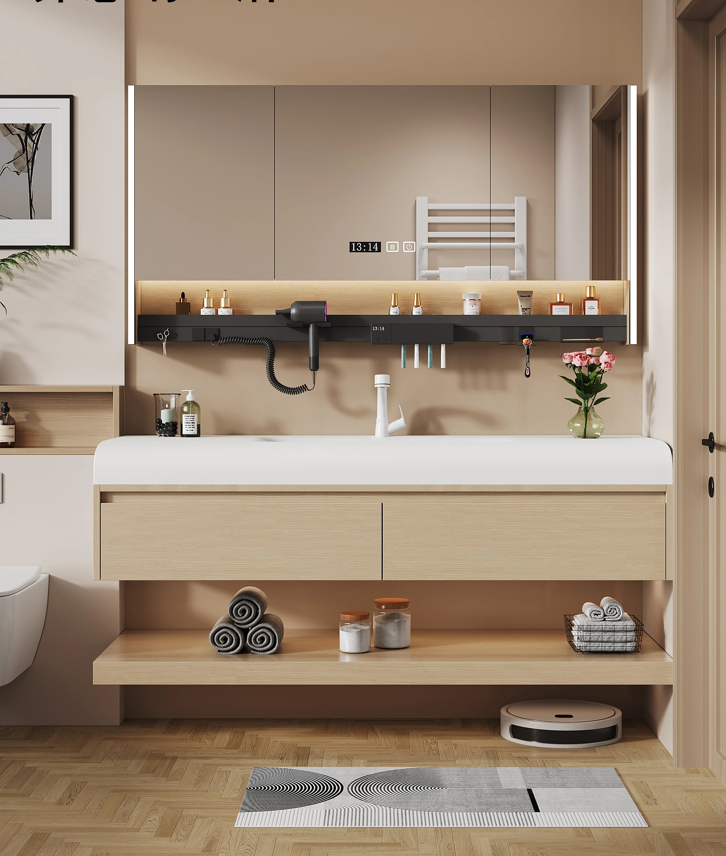 Durable rock board hot bending integrated basin, natural wood, bathroom cabinet combination, washbasin, double