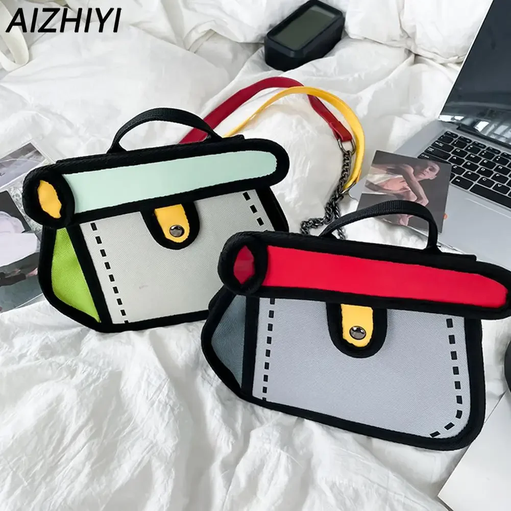 3D Style 2D Drawing Cartoon Handbag for Women Shoulder Bag Canvas Handbags Casual High Capacity Handle Crossbody Shopping Bag