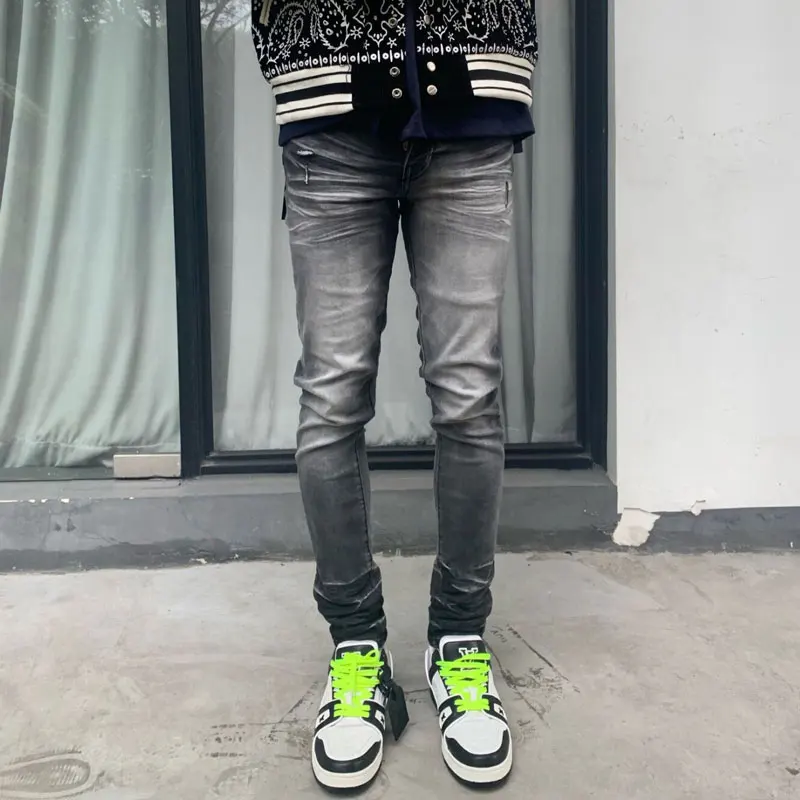 

Fashionable new men's jeans, washed, nostalgic, stretchy, slim fit, black gray jeans, high street hip-hop brand pants, hombre