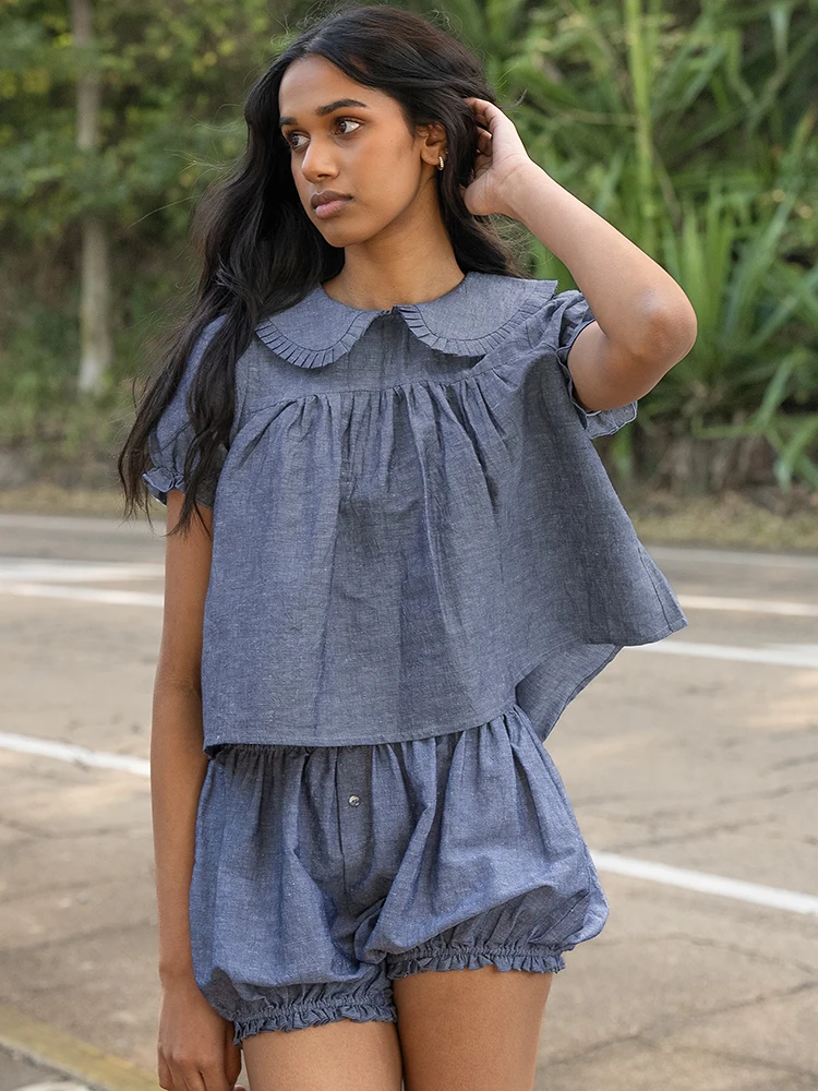 

Eco-Friendly Linen Bubble Sve ort T-irt Doll Sle Women's irt Casual Straight Cut Cotton Blend Summer Top for Ladies