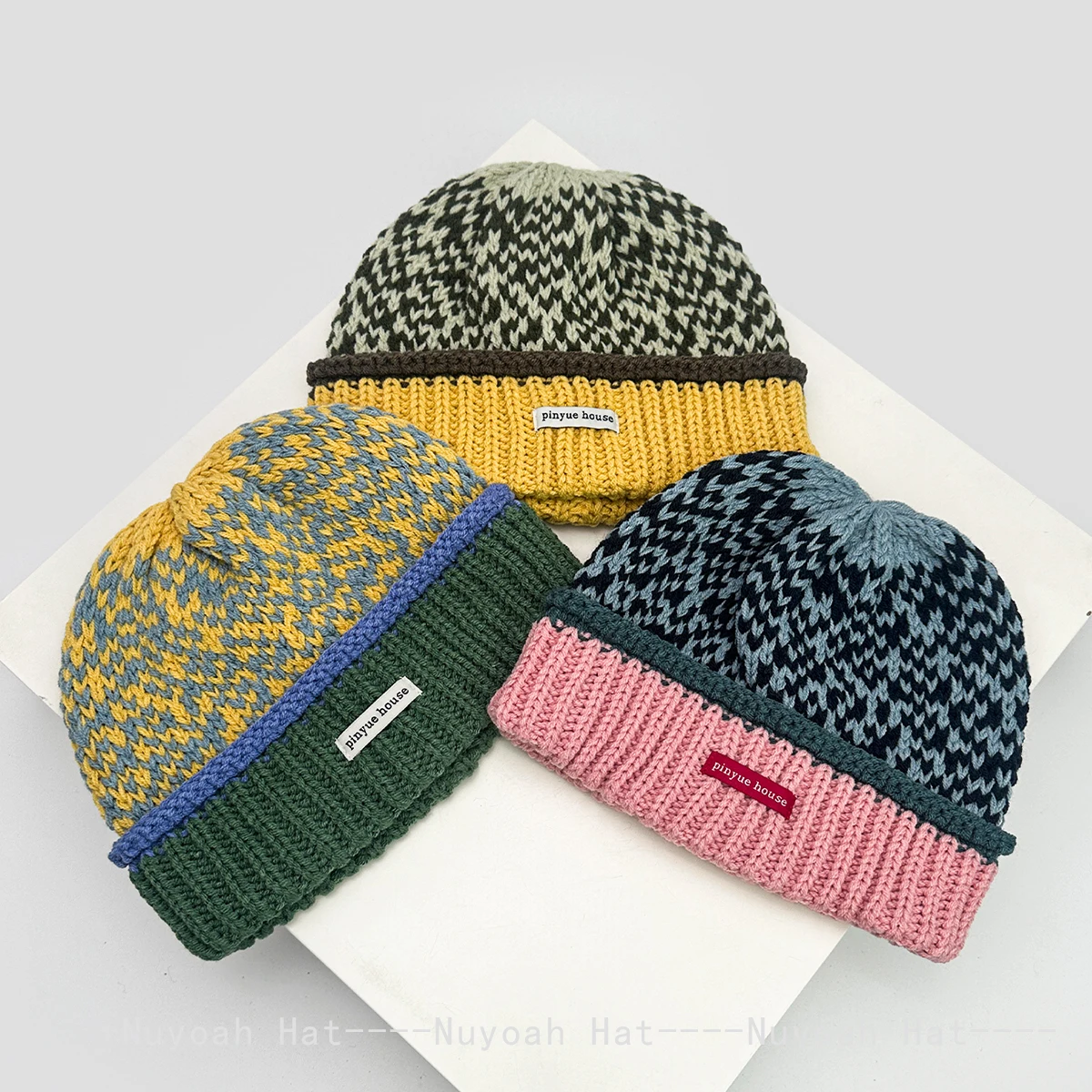 New Men Women Retro Patch Letters Color Block Knitted Hats Warm Fashion Outdoor Beanies Casual Versatile Fel Island Style ins
