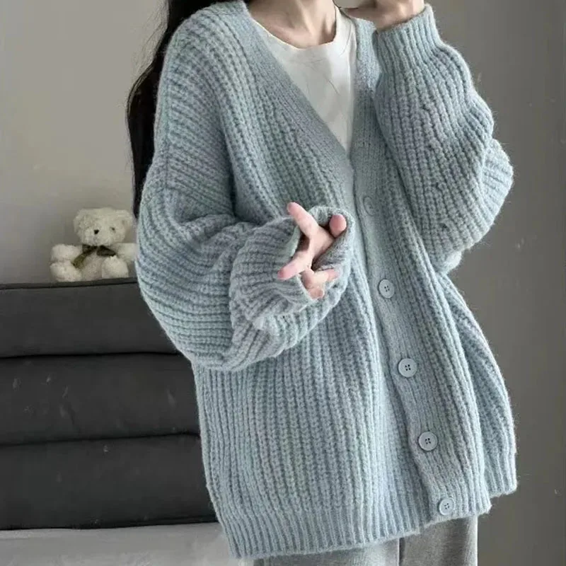 Buttons V-Neck Knitted Cardigan Women Casual Solid Color Loose Clothing Coat Autumn Winter Keep Warm Long Sleeve Jacket Cardigan