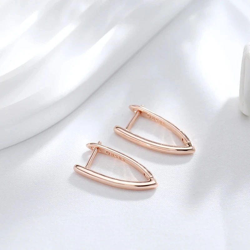 Wbmqda Glossy V Shape Earrings for Women 585 Rose Gold Color Simple Fashion Daily Party Fine Jewelry