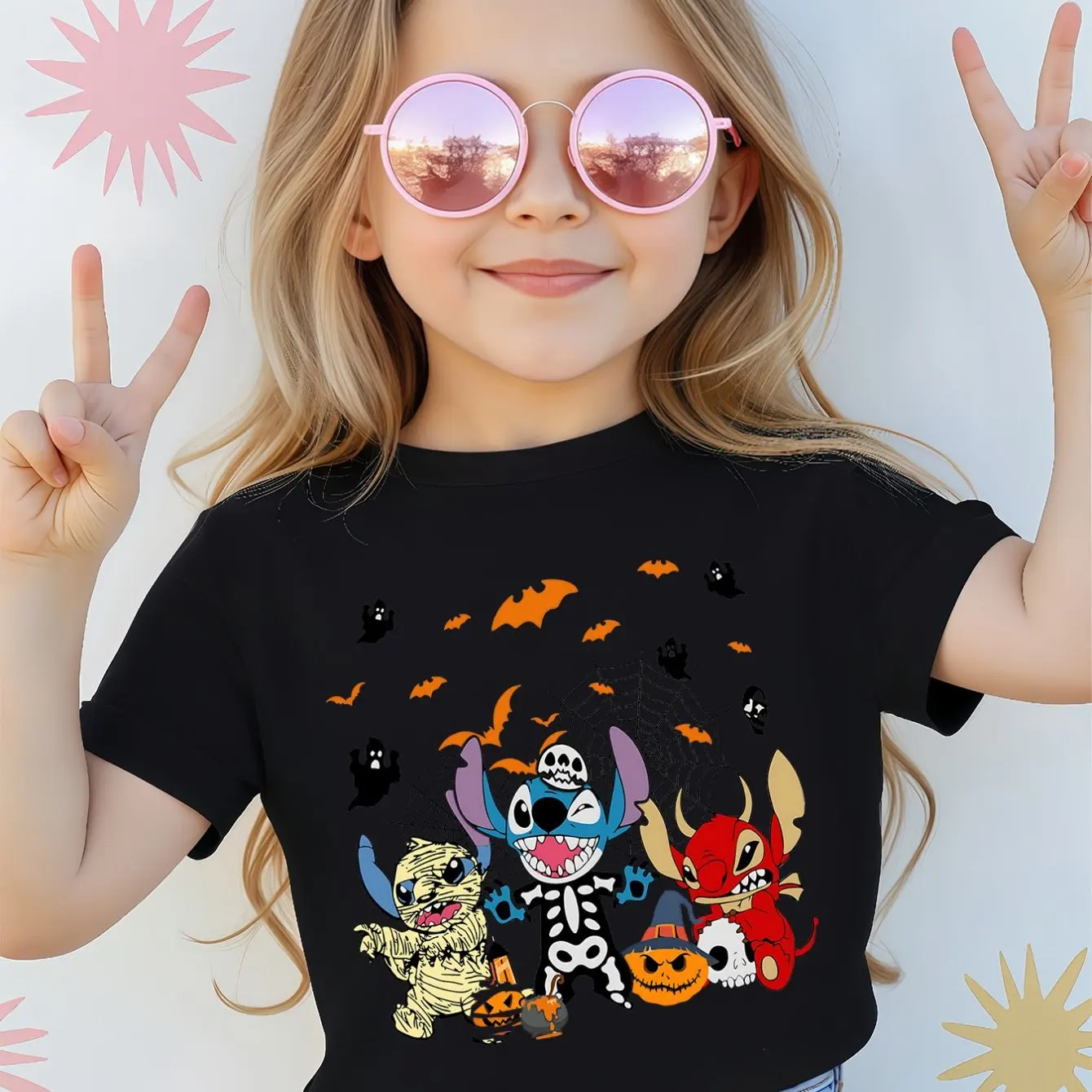 تي شيرت ديزني ستيتش الهالوين المطبوع للفتيات Happy Play توب مناسب للأم والابنة من القطن الخالص برقبة دائرية وأكمام قصيرة #2