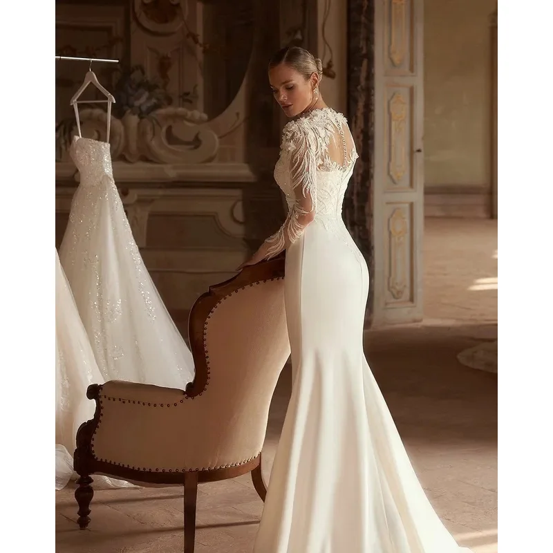 2025 Abiti da sposa a sirena di lusso a maniche lunghe Illusion Brides Abito da sposa Paillettes Fiore 3D Abito da sposa da donna Customizd