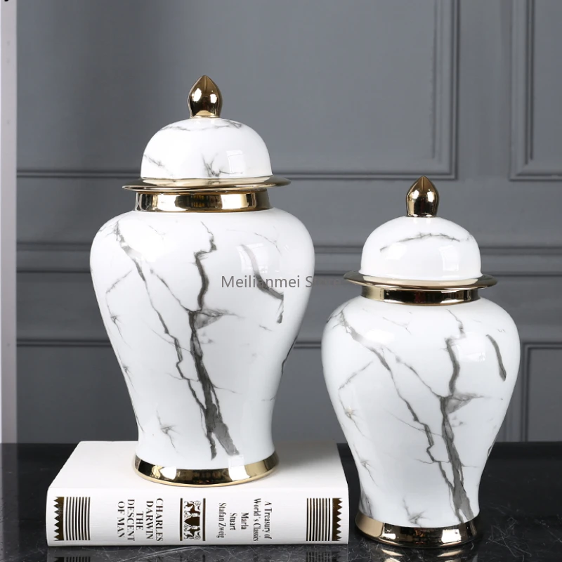 

Imitation marble ceramic storage vase Chinese style lighting living room desktop decoration, home decoration mason jars with lid