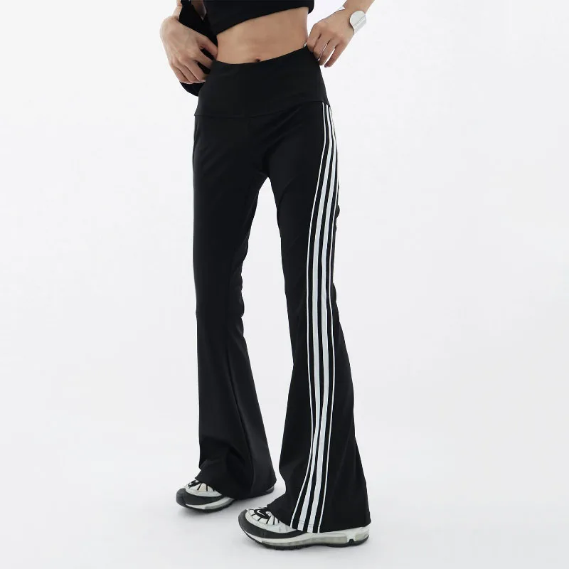 

Korean Simple Versatile Women Striped Flare Pants Spring Autumn New Elastic High Waist Fashion Casual Sports Slim Black Trousers