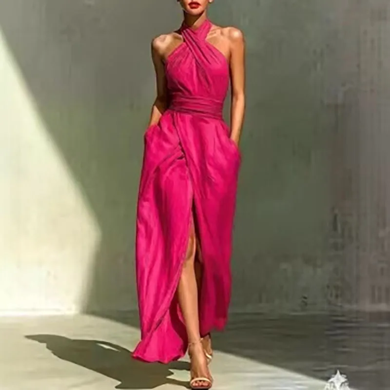 Women Sexy Off Shoulder High Waist Long Dress Spring Criss Cross Halter Hollow Boho Dress Summer Sleeveless Vacation Beach Dress - Image 3