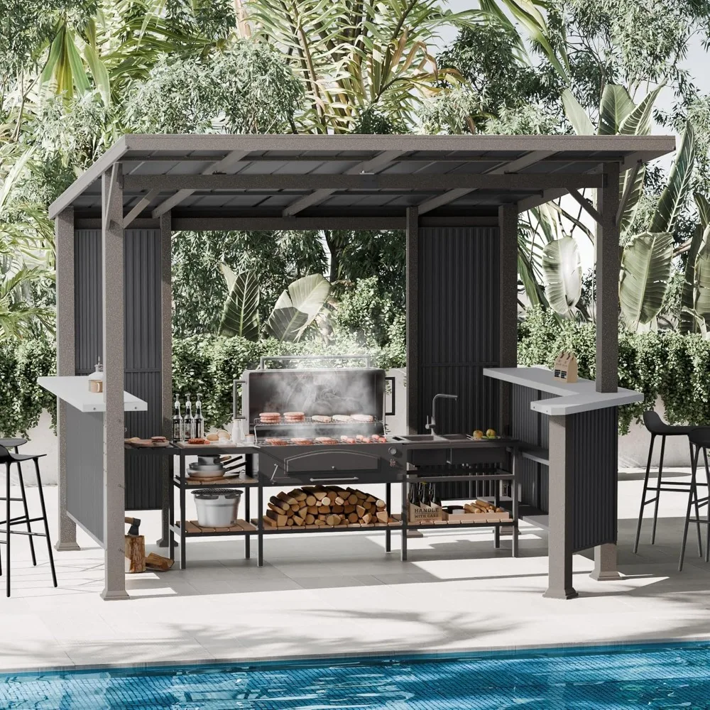 10'X10' Hardtop Grill Gazebo Outdoor Galvanized Steel BBQ Gazebo with Multi-Tier Shelves Permanent Hard Top Lean to Grill Canopy