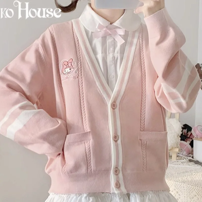 

Kawaii My Melody Embroidery Knitted Sweater Women Sanrios Kittys Cartoon Cinnamoroll Kuromi Y2K Girl College Style Cardigan Coat