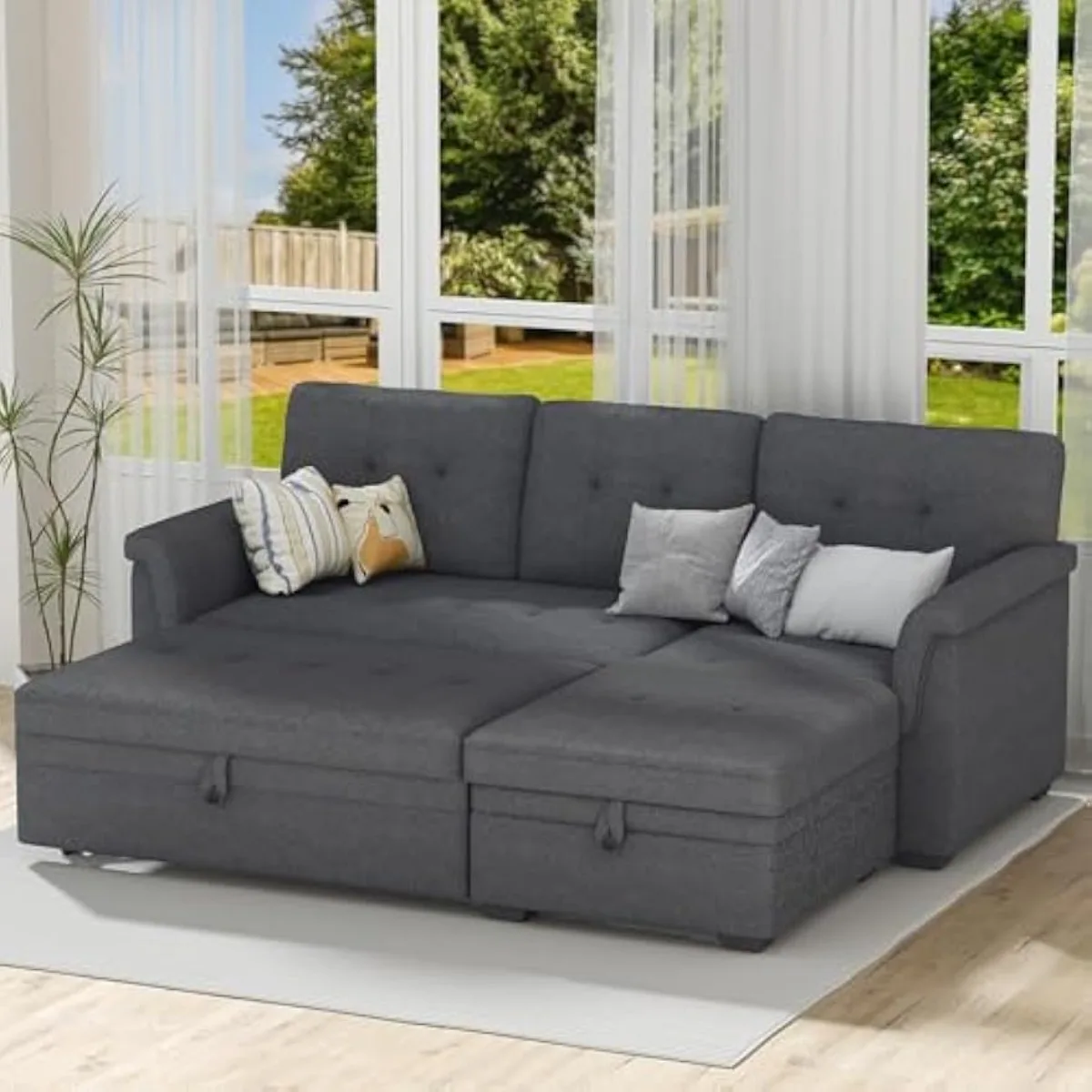 

84" L-Shaped Couch, with Storage Chaise Recliner and Pull Out Bed, Upholstered Cushions Reversible Tufted Sofa Sleeper