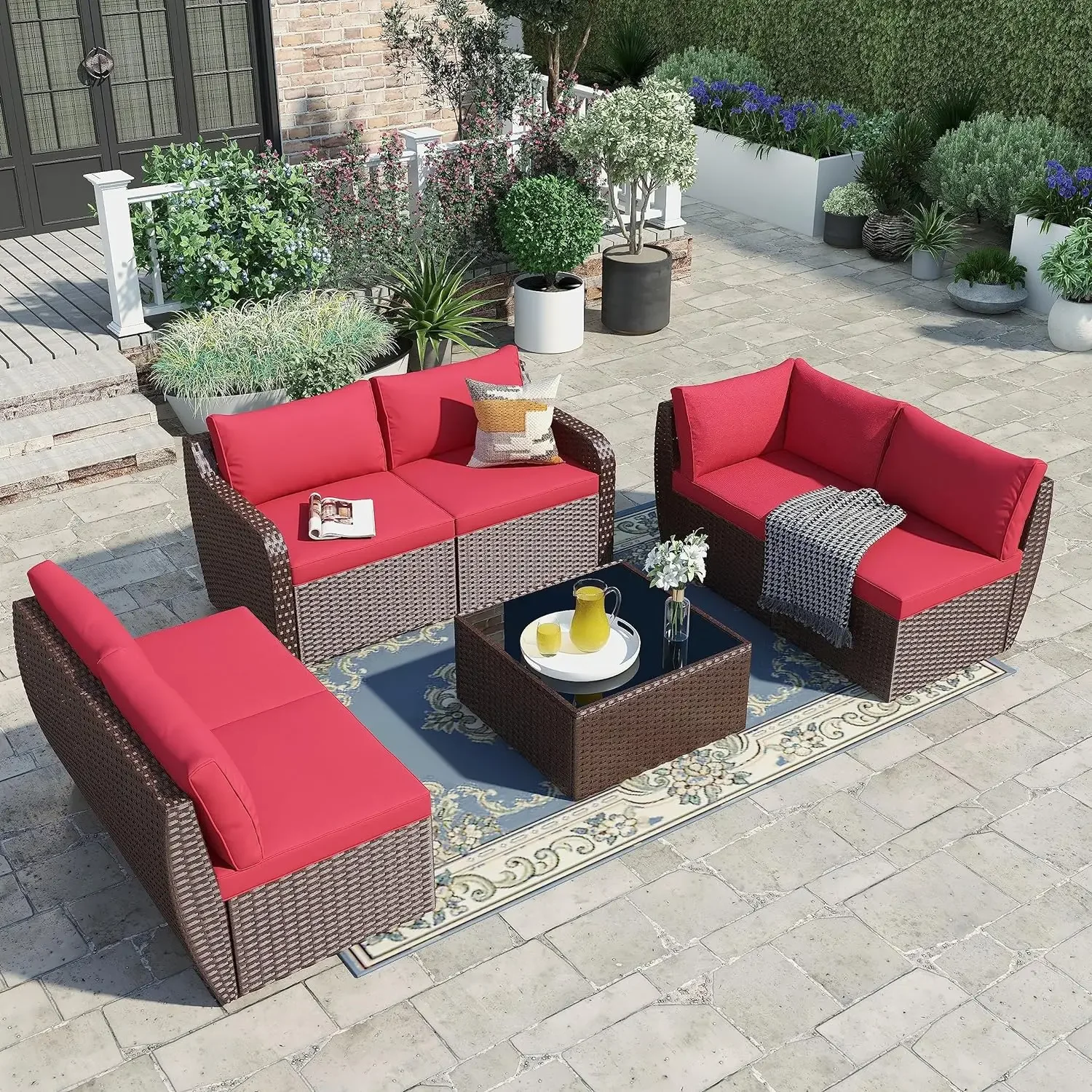 Set di mobili da giardino da 7 pezzi, divano componibile in Rattan PE, Set di mobili da esterno con schienale alto, Set di conversazione per Patio in vimini con cuscino