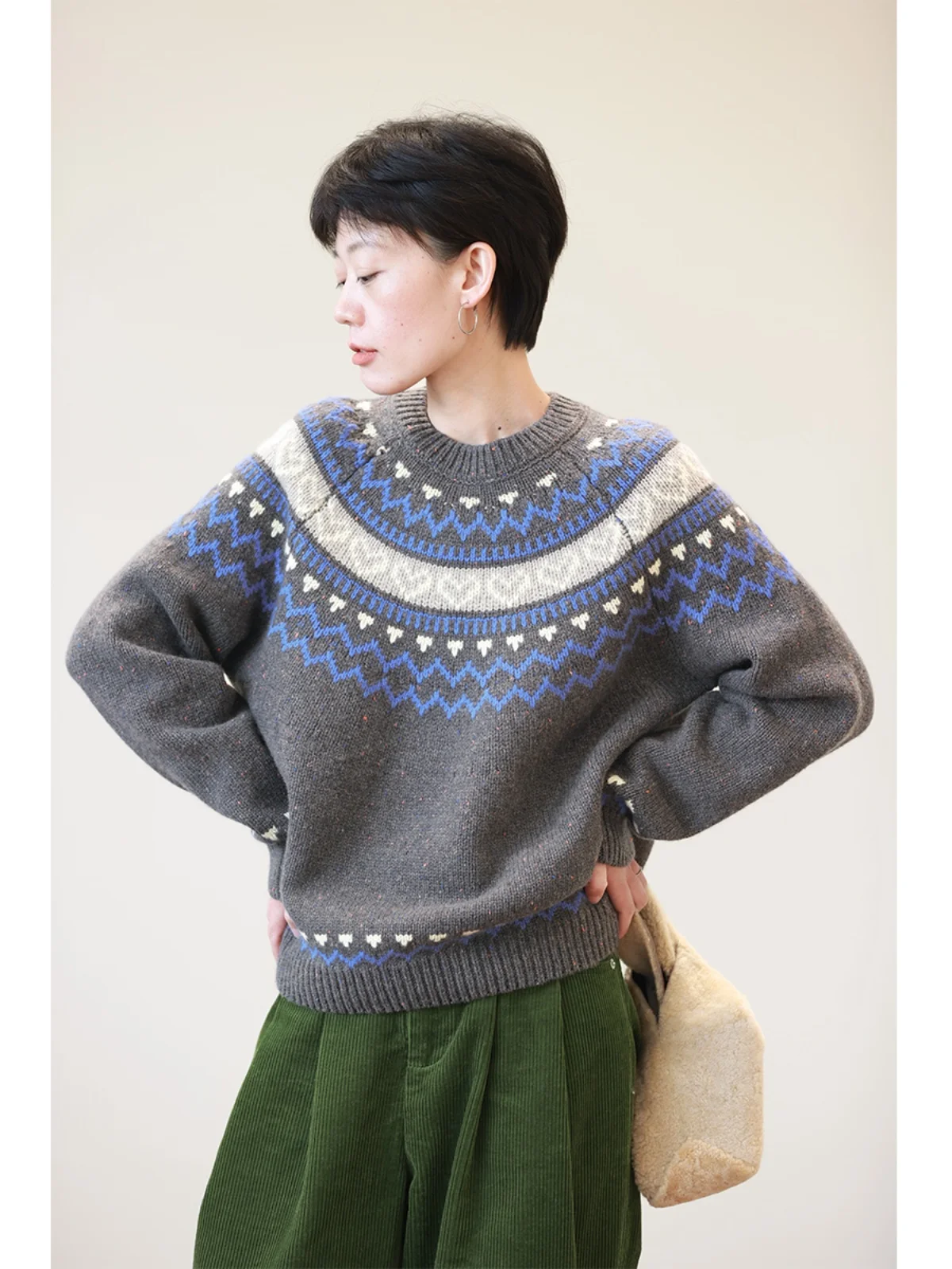 

Thiened Full Wool Fair Isle вязаный круглый свитер Ne женский осенне-зимний скандинавский теплый уютный длинный топ све