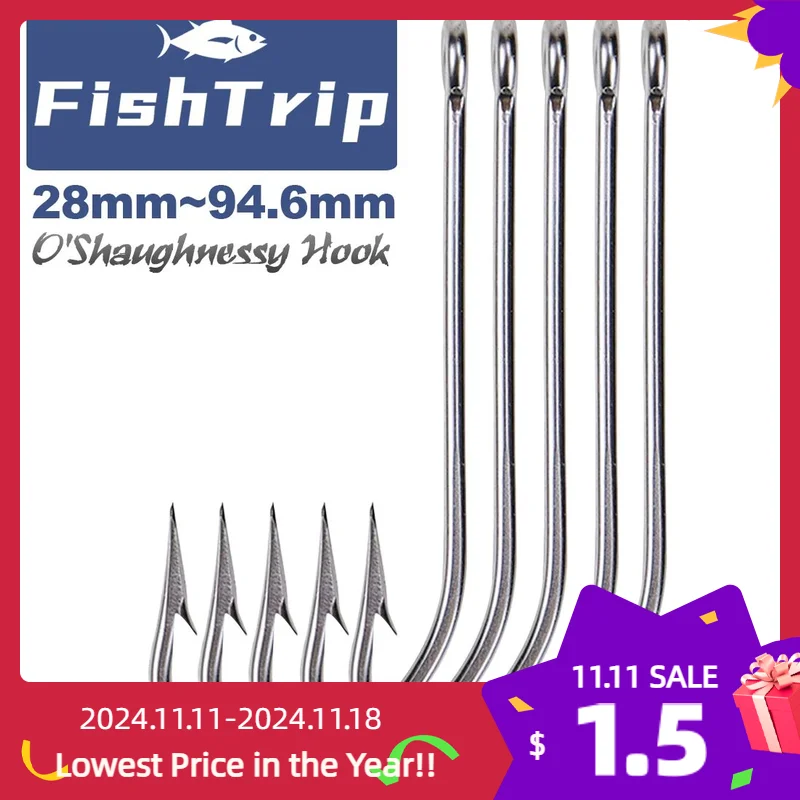 FishTrip 50Pcs Oshaughnessy Fishing Hooks Forged Long Shanked Saltwater Bait Hook for Both Trolling & Stationary Fishing