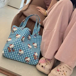 Nuova borsa per la spesa multifunzionale in tela Sanrio Box Kawaii Blue Hello Kitty borsa per il pranzo per studenti portatile di grande capacità