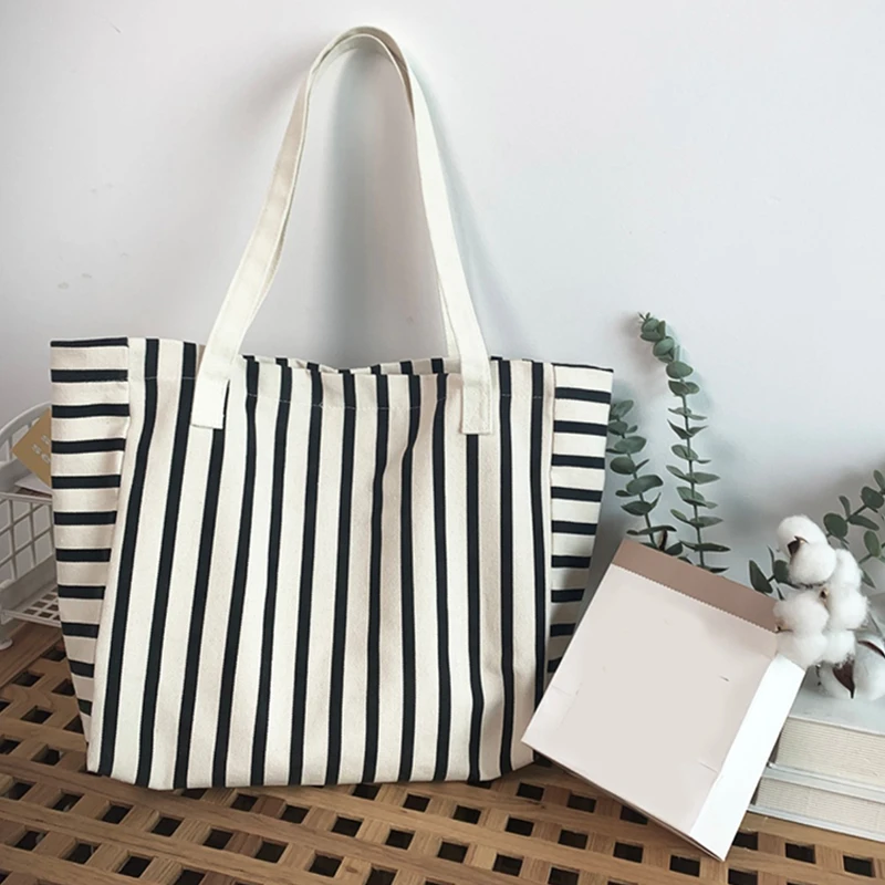 New Beach Tote Bag Fashion Women Canvas Summer Large Capacity Striped Shoulder Bag Tote Handbag Shopping Shoulder Bags ﻿