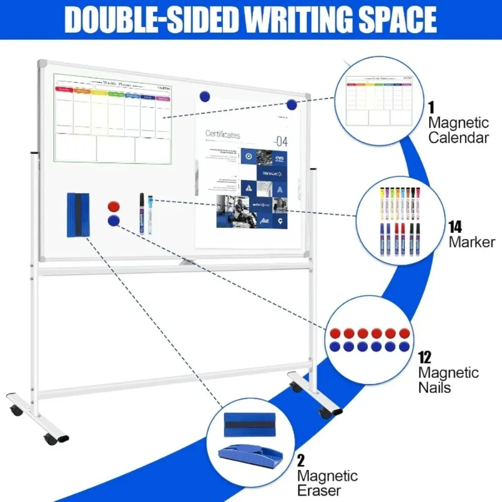 لوحات بيضاء دوارة على عجلات 72 × 48، لوح مسح جاف كبير مع حامل، لوح أبيض مغناطيسي متنقل مع ممحاة