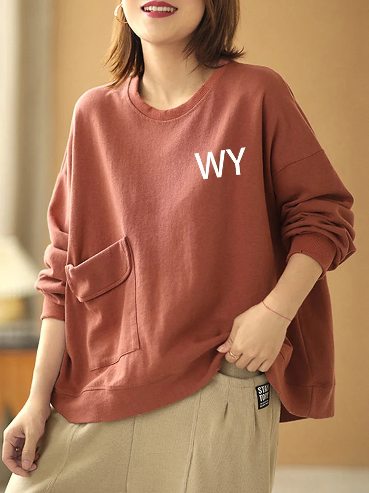 

Women's Loose Fit Long Sleeve Cotton Sweatshirt with Pockets Casual Inner Wear Autumn Winter Base Layer Artistic Style