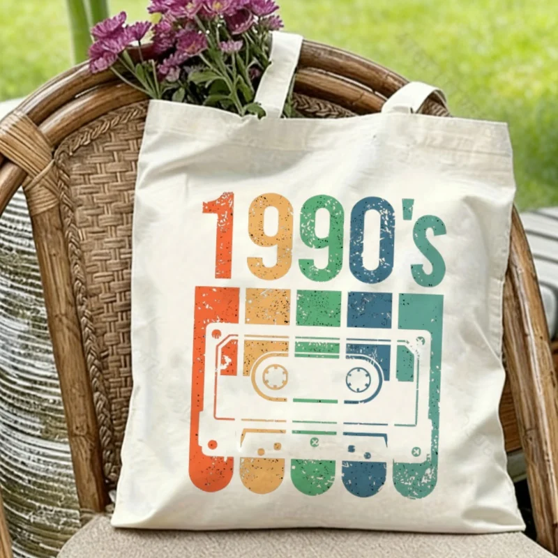 

1PC Vintage 1990's Music Tape Print Canvas Tote Casual Nostalgia Shopper Bag
