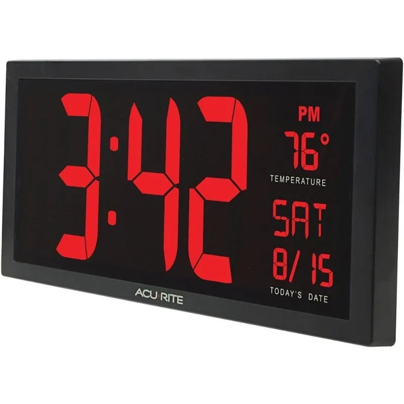 AcuRite Large Digital LED Oversized Wall Clock with Date and Temperature, Perfect for Home or Office (75127M), 14.5-Inch, Red