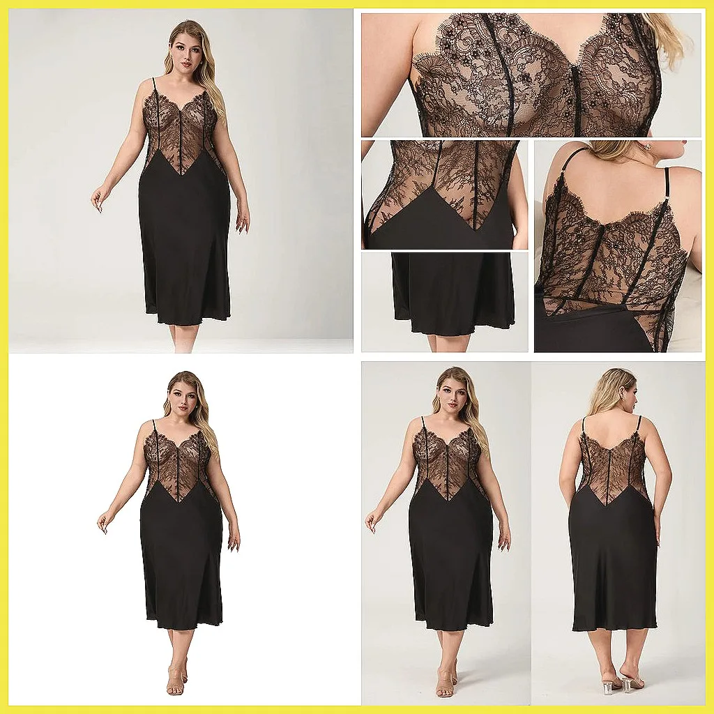 Sexy Lace Sling Sleep Dress for Women, Long Summer Nightgown & Home Dress, Black