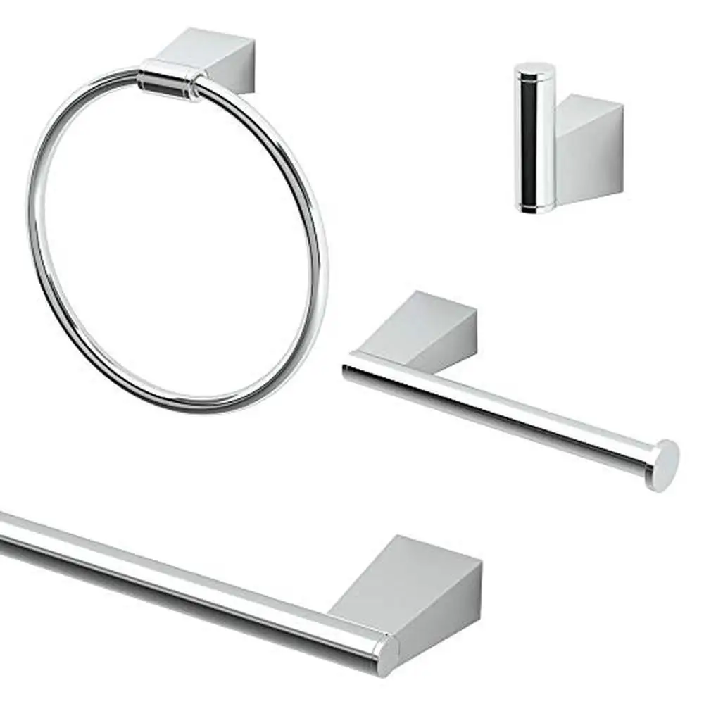 Bathroom Hardware Set Towel Bar Towel Ring Toilet Paper Holder Robe Hook Chrome Finish Easy Install 4-Piece Kit Lifetime