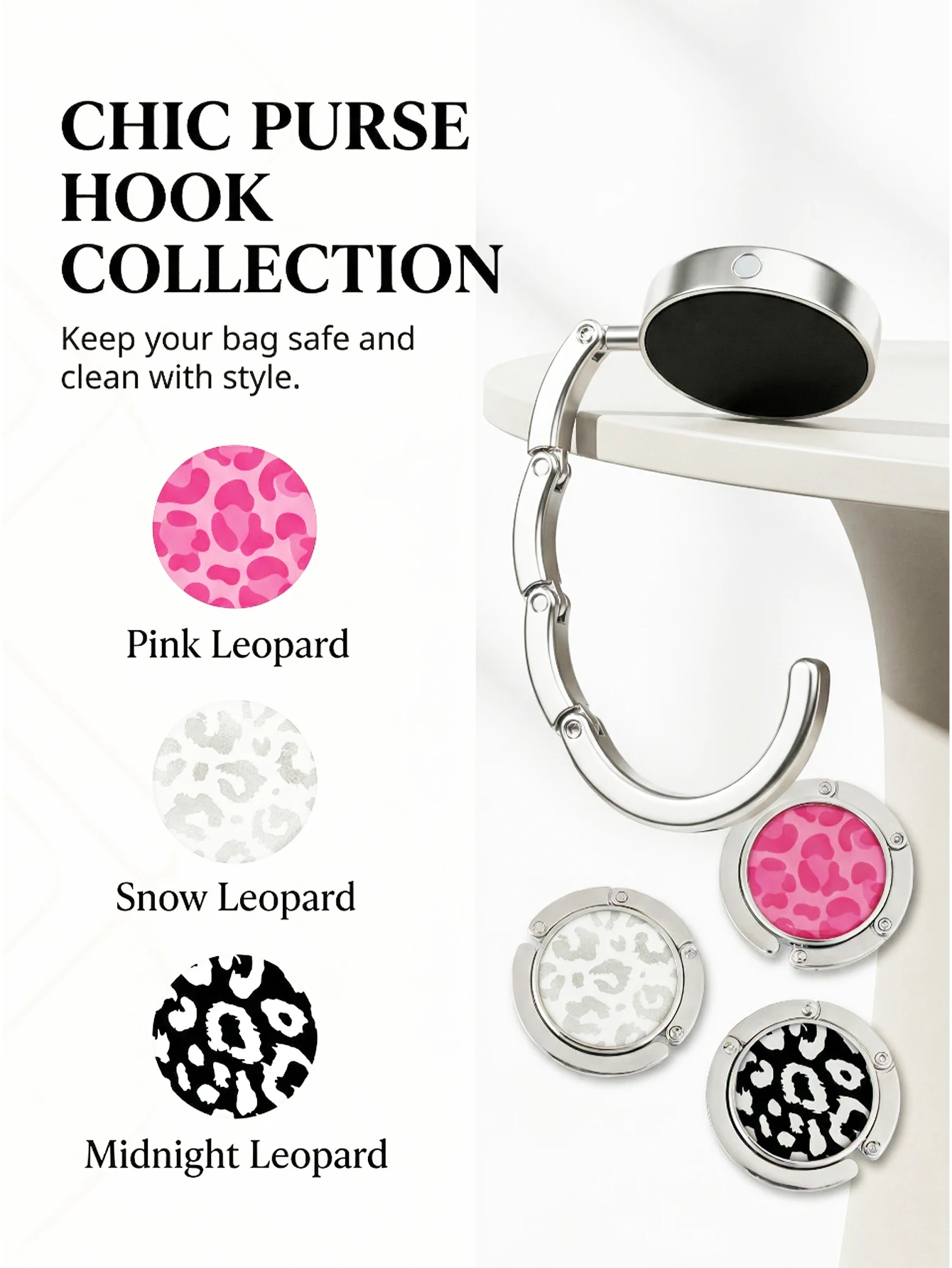 Modern Zinc Alloy Folding Purse Hook for Table Leopard Print Geometric Handbag Hanger Portable Desktop Bag Holder Women Office C