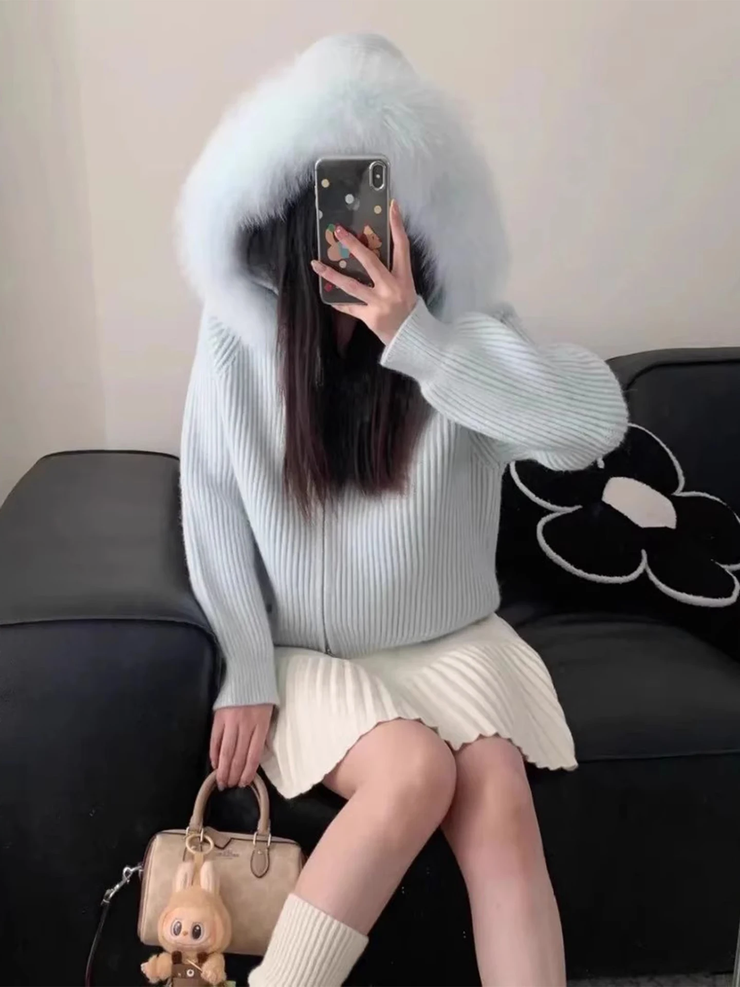 

Clothland Women Stylish Hooded Cardigan Zipper Long Sleeve Fur Patchwork Sweater Jacket Cute Female Knitwear Coats HA622