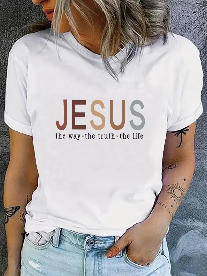 T-shirt décontracté pour femmes, lettres colorées imprimées, Design «Jesus» The Way The Truth The Life», confort toutes saisons, T-shirts pour dames