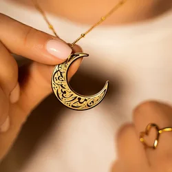 New ins Stainless Steel Arabic Religious Moon Pendant Necklace For Women Vintage Geometric Moon Necklaces Fashion Jewelry
