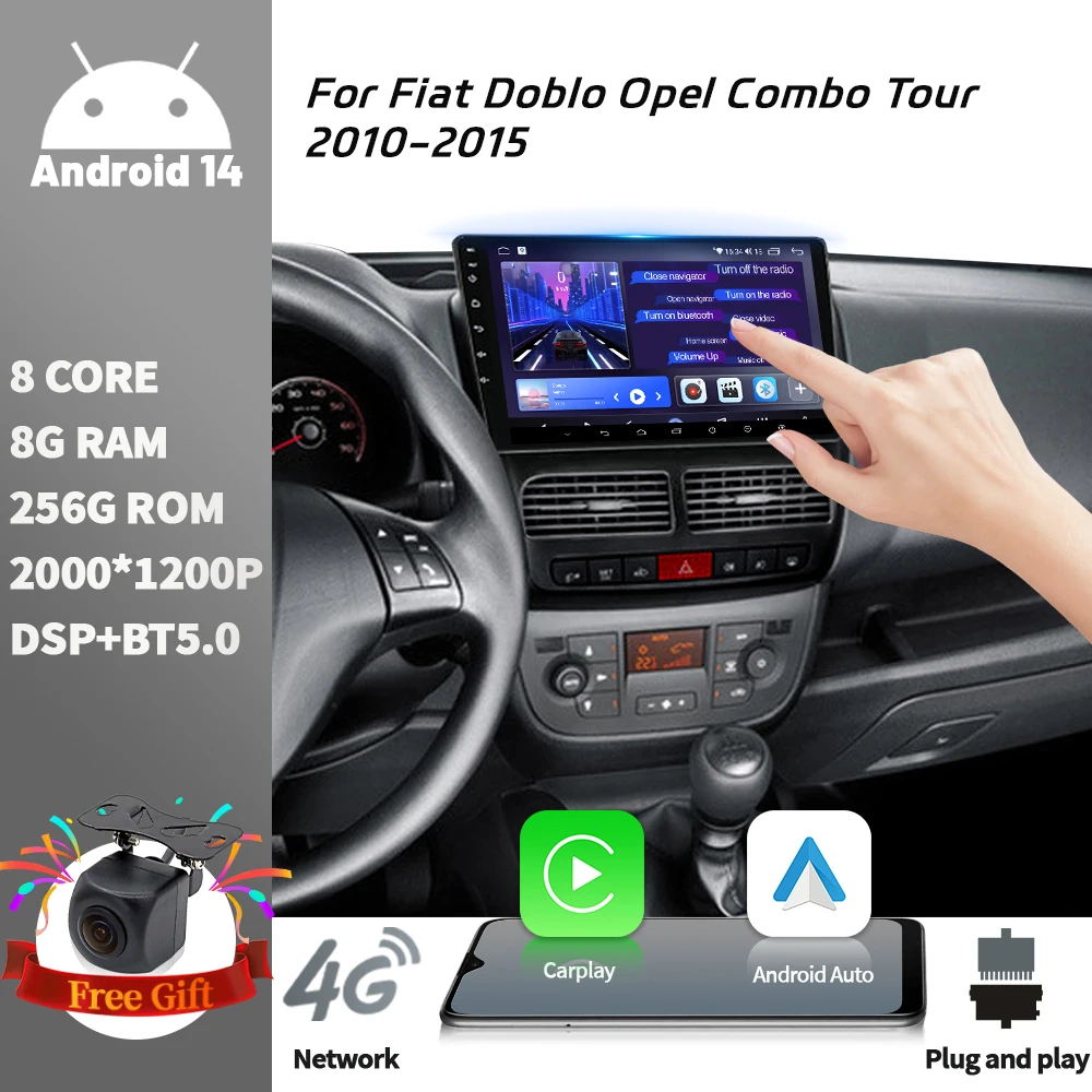 Android 14 For Fiat Doblo Opel Combo Tour 2010-2015 Auto Car Radio Navigation Stereo Touchscreen 4G GPS BT Carplay Touch Screen