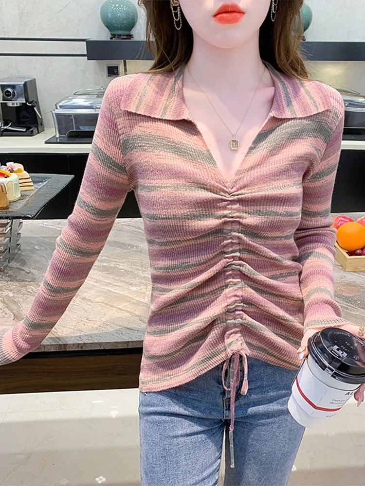 الربيع تصميم قوس قزح المشارب V-Ne المرأة محبوك سترة ملابس خارجية تنوعا أعلى DAVIENIY تخفيف فضفاضة تناسب البوليستر سبا... #5