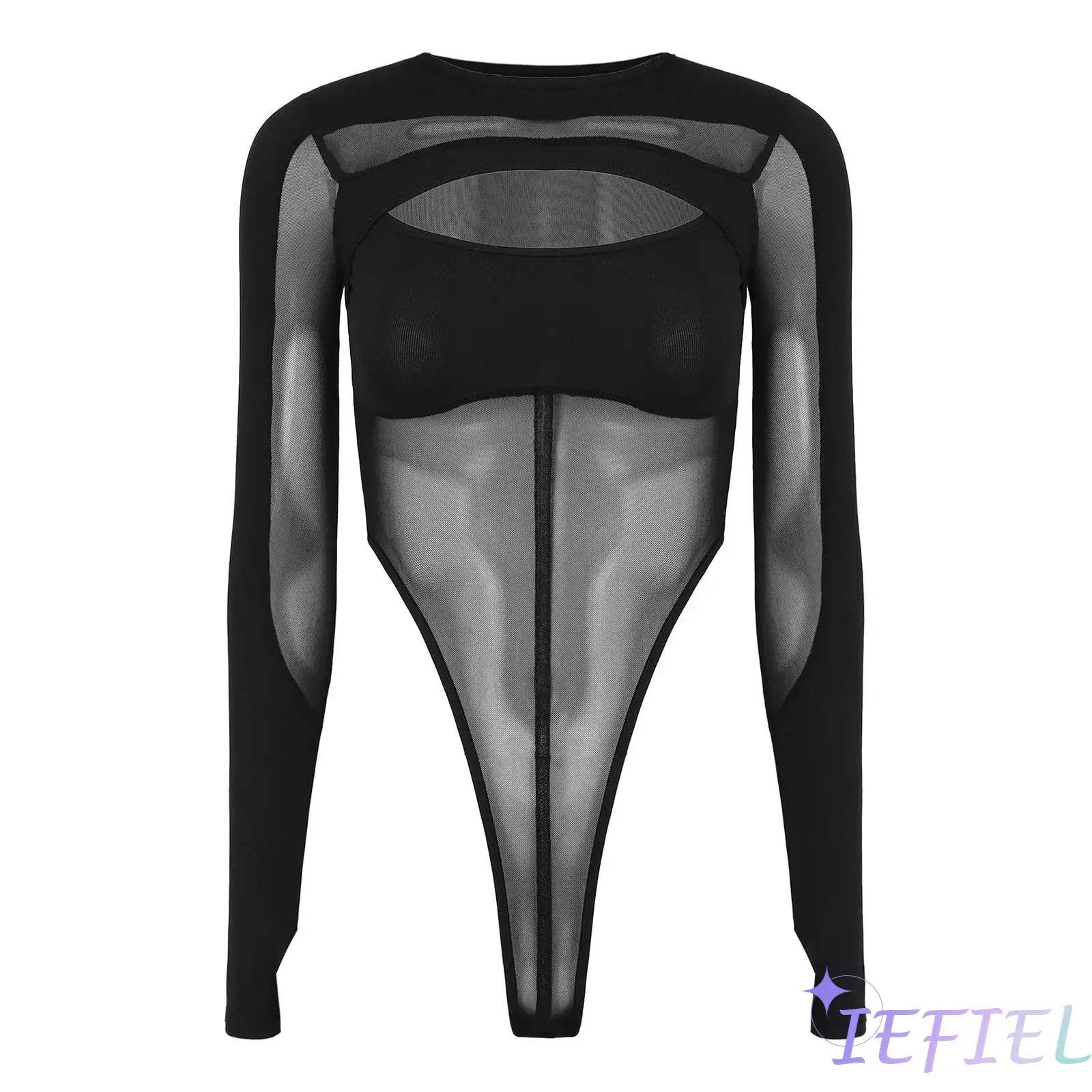 Women Fashion Bodysuit Sheer Mesh Patchwork Front Cutout High Cut Button Crotch Form Fitting Leotard Jumpsuit Party Chic Clothes