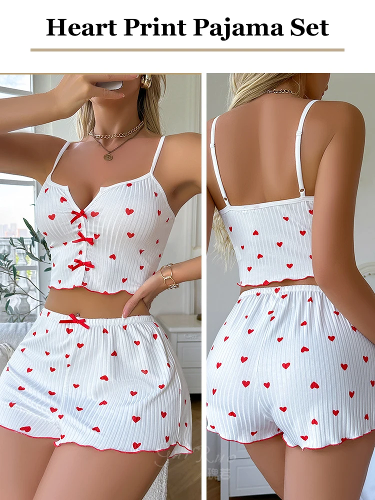 Pigiama da donna in seta con stampa a cuore Set sexy scollo a V senza maniche Casual Cami Top e pantaloncini Abito a costine traspirante Pigiama Nuovo