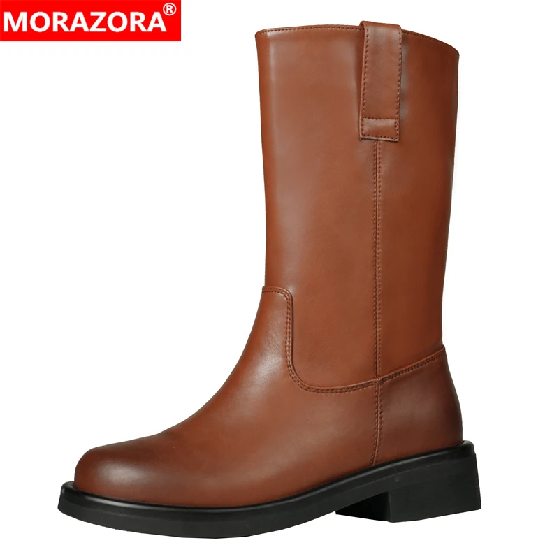 

MORAZORA Plus Size 34-43 New Genuine Leather Boots Women Pull On Black Brown Mid Calf Western Boots Handmade Fashion Botas