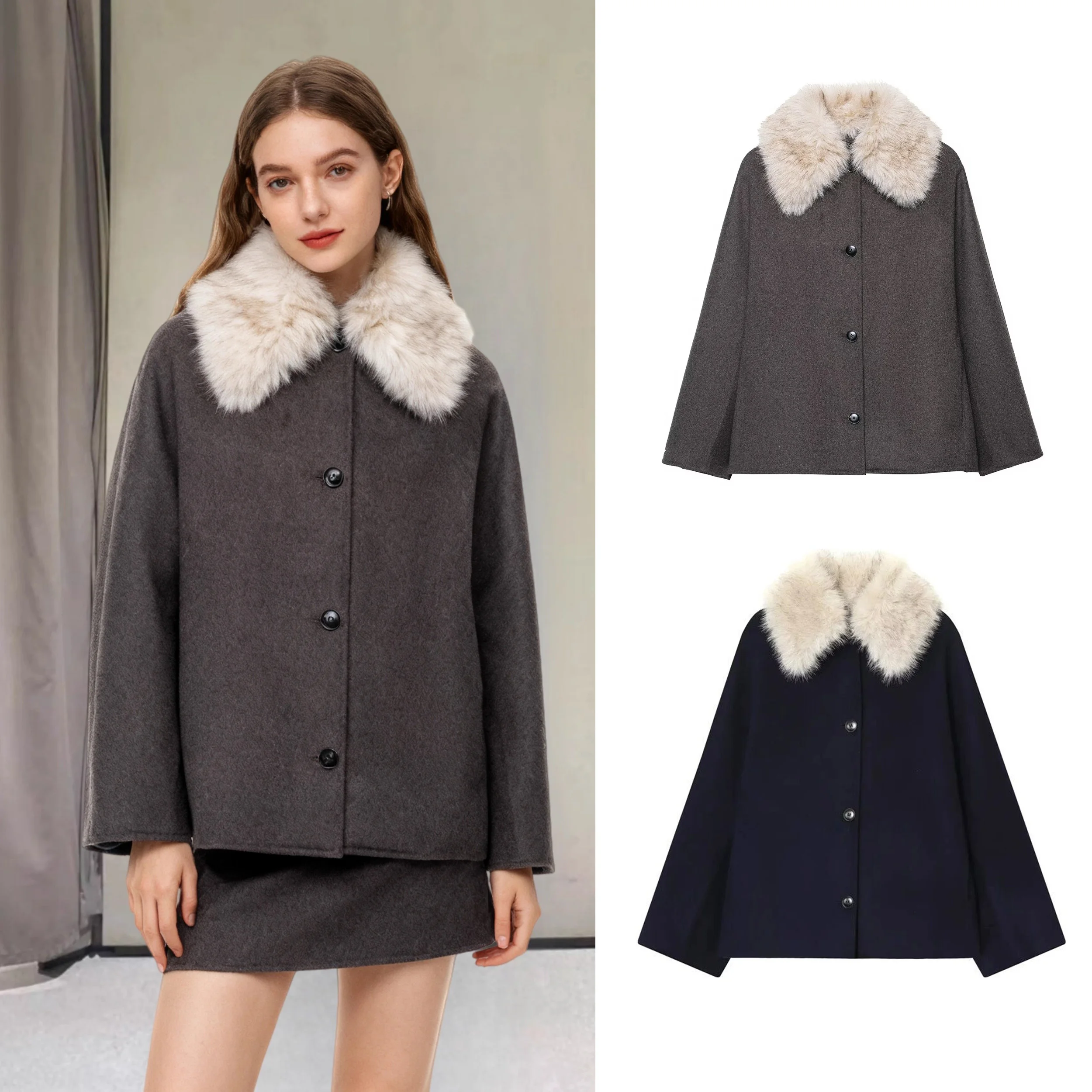 Vintage Women's Cropped Hooded Coats Fur Collar Full Sleeve Single Breasted Pocket Jacket 2025 Autum