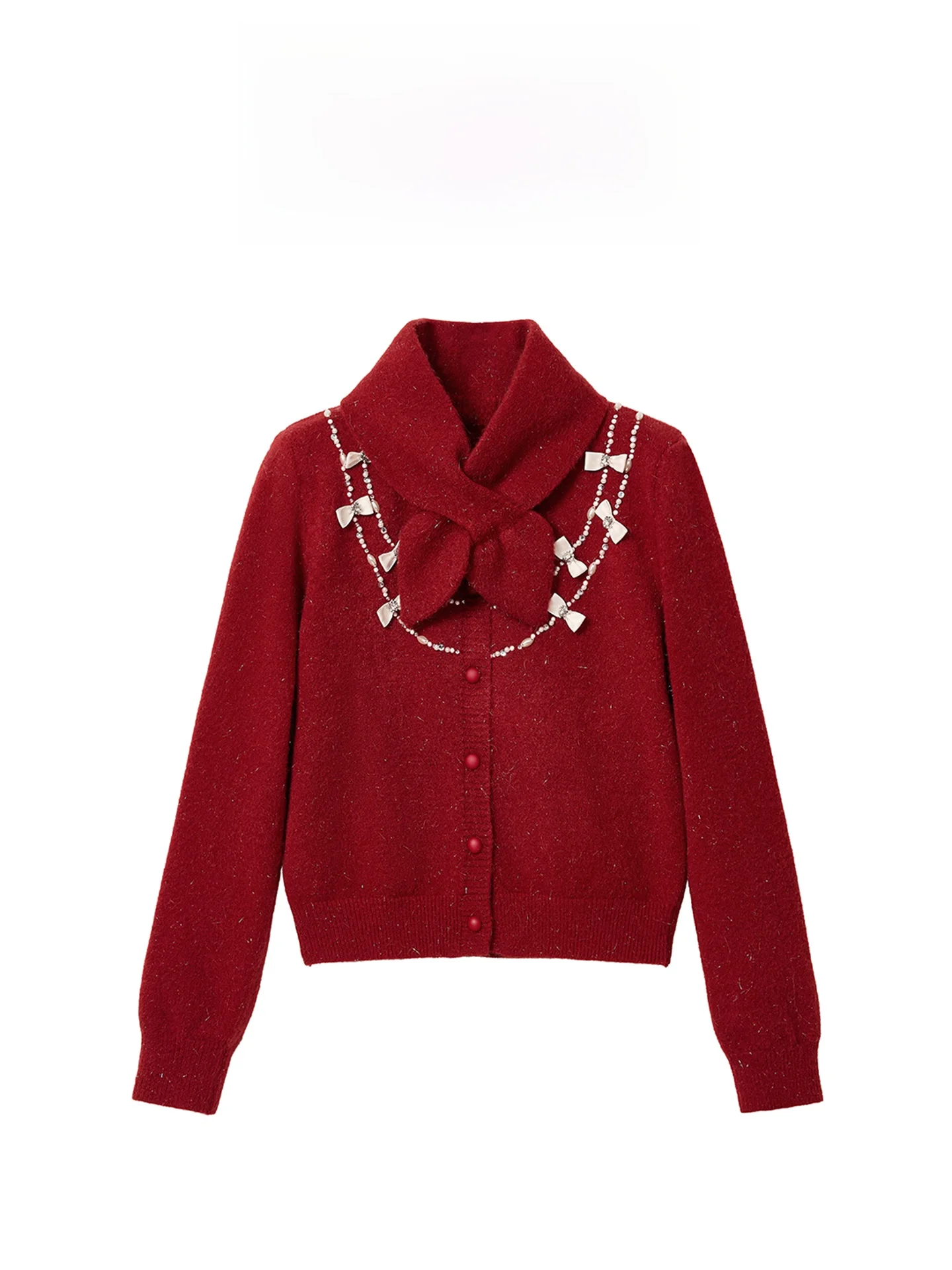 

Красный романтичный вязаный кардиган с узлами и декоративными элементами, мягкий, свободного кроя, с длинными рукавами и круглым вырезом