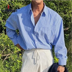 Men's Blue Vertical Striped Long-Sleeved Shirt, Korean Style High Quality Casual Shirt Coat, Travel ,Hiking